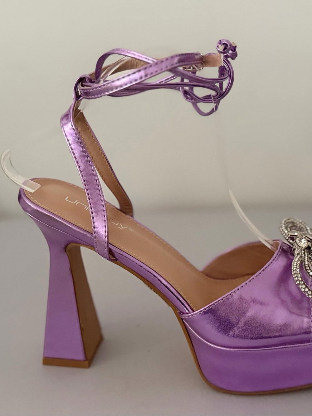 Metallic Lavender Platform Ankle-Tie Heels with Embellished Accent